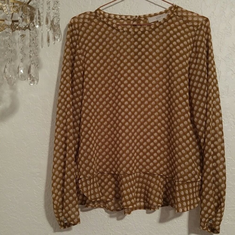 LOFT Loose Fit Long Sleeve Ruffed Hem Polyester Blouse SZ S